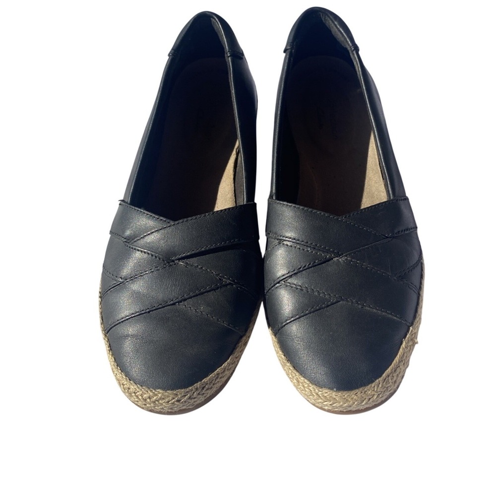 Clarks Collection "Danelly Shine" Black Leather/Jute Slip-On Loafers 7M New